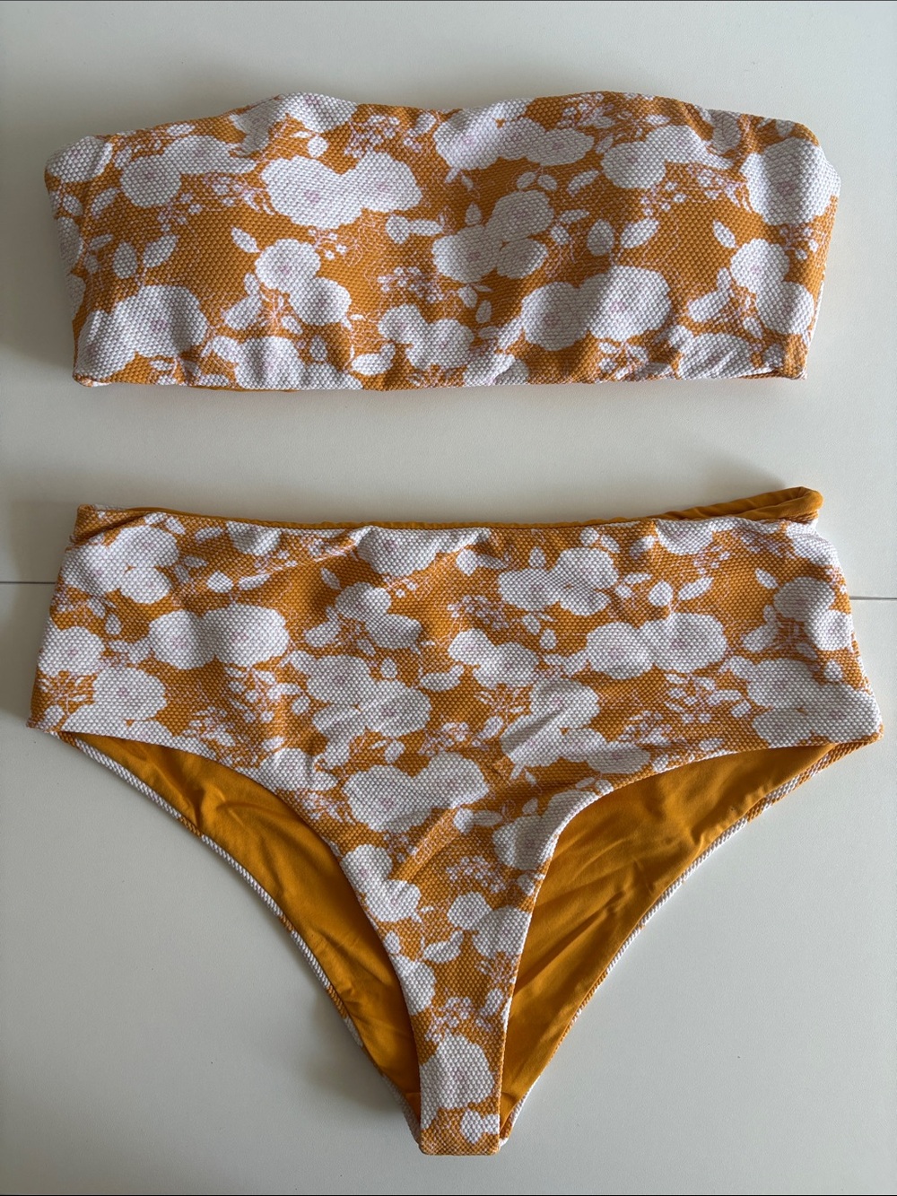 Eberjey Mustard Floral Textured‎ Bandeau Bikini Set M
